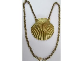 Signed AZUREE, Vintage DROP Necklace, Oversized CLAMSHELL Design Pendant, Gold Tone Base Metal Construction
