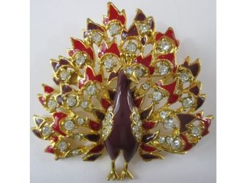 Vintage PEACOCK BROOCH PIN, Colorful Detail With Rhinestones, Gold Tone Base Metal Setting, Hand Decorated