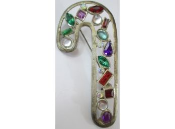 Vintage Brooch Pin, CANDY CANE Xmas Design, Multicolor RHINESTONES, Silver Tone Base Metal Setting