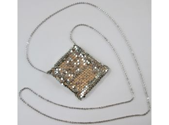 Vintage METAL MESH Chain Necklace, Flap POCKET POUCH Design, Bright Silver Tone Base Metal Finish, Clasp