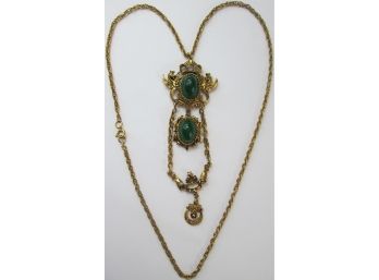 Vintage Chain Necklace, DRAGON Tiered Drop Pendant, Green Cabochon Inserts, Gold Tone Base Metal, Clasp