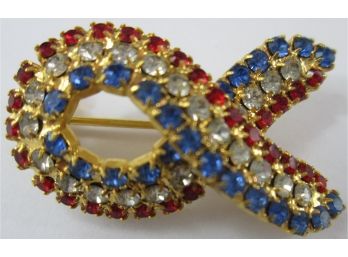 Vintage Brooch Pin, RIBBON Design, Faceted Clear Red & Blue Rhinestones, Silver Tone Base Metal Setting