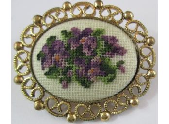 Victorian Style BROOCH PIN, PETIT POINT Cameo Insert, Purple Violets, Gold Tone Base Metal Filigree Frame