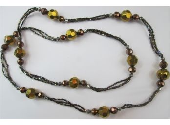 Vintage Multistrand Necklace, Faceted Gold & Copper Metallic Color, Black Bugle Beads, Slip Over