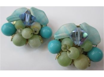Vintage PAIR CLIP EARRINGS, Iridescent, Blue & Green Beads, Silver Tone Base Metal Finish