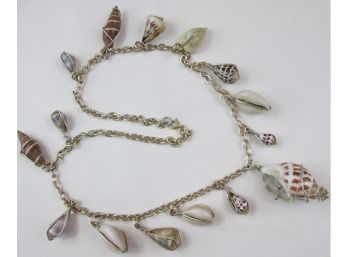 Vintage Chain NECKLACE, Natural Shell Beads, Drop SHELL Pendant, Slip Over, Base Metal Chain, Clasp Closure