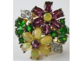 Contemporary STATEMENT Finger Ring, Flower Design, Rhinestones, Sterling 925 Silver Setting, Appx Size 9.75