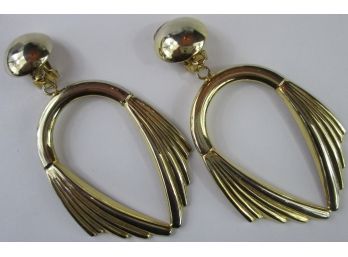 Vintage Oversized Clip Earrings, Stylized FEATHER Design, Gold Tone Base Metal Construction