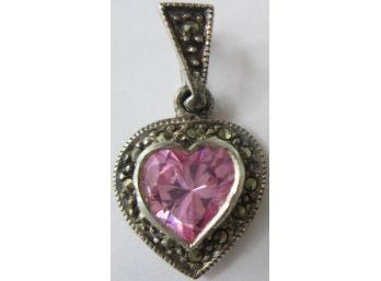 Vintage Drop PENDANT, HEART Shape, Faceted PINK Central Stone, MARCASITES, Sterling .925 Silver