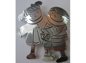 Vintage Brooch Pin, Handcrafted BOY & GIRL Kids Design, Sterling .925 Silver Construction, Made In MEXICO