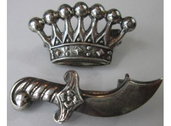 Set Of 2! Vintage Mini Brooch Pins, CROWN & SWORD Designs, Sterling .925 Silver Construction