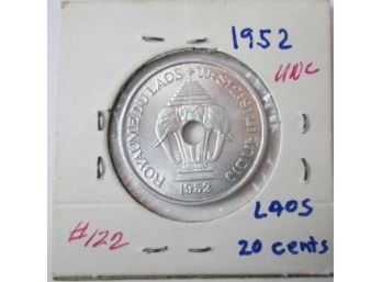 Authentic LAOS Issue Coin, Dated 1952, Twenty 20 CENTS Denomination, Aluminum Content, Discontinued Style