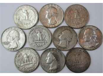 Set Of 10 Coins! Authentic WASHINGTON SILVER QUARTER $.25, Mixed Dates, 90 Percent Silver Issue, United States