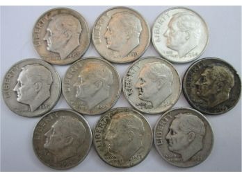 Set Of 10 Coins! Authentic ROOSEVELT SILVER DIME $.10, 90 Percent Silver Issue, United States