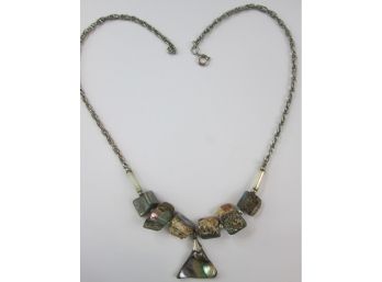 Vintage Chain NECKLACE, Natural ABALONE Beads, Polished Triangular Drop Pendant, Silver Tone Base Metal Chain