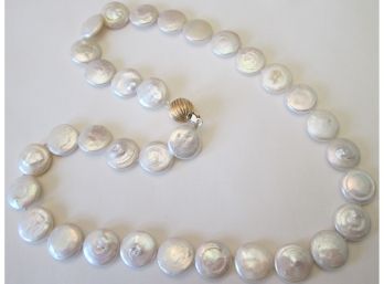 Vintage 18' NECKLACE, Cultured PEARL DISC Beads, 14K GOLD Clasp, Fine Quality