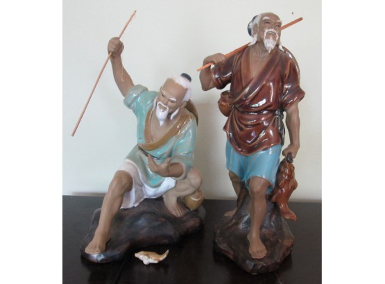 SET Of 2! Vintage CHINESE MUD MEN, Hand Painted FISHERMEN Figurines, 9' & 10' Sizes