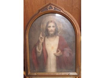 Vintage FRAMED RELIGIOUS Portrait PRINT, Named 'The Sacred Heart' Under Glass