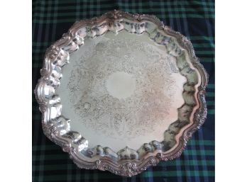Signed ENGLISH SILVER Mfg, Vintage SILVERPLATE Round 17' DRINK TRAY, Footed With Incised Pattern