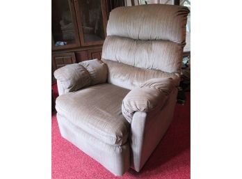 Vintage ACTION IND. Brand, Upholstered RECLINER Chair, Tan/lt Brown Upholstery Colonial Early American Styling