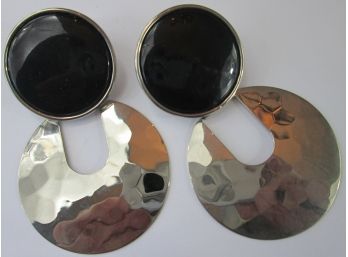 Contemporary Pierced Earring Set, Dangle Black Circle Inserts, Post Backings, Silver Tone Base Metal