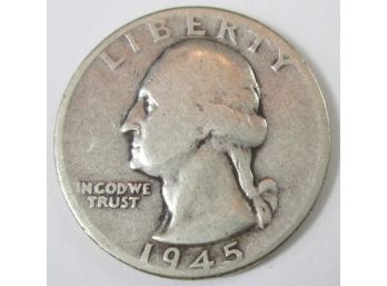 Authentic 1945P WASHINGTON SILVER QUARTER Dollar $.25, Philadelphia Mint, 90 Percent Silver, United States
