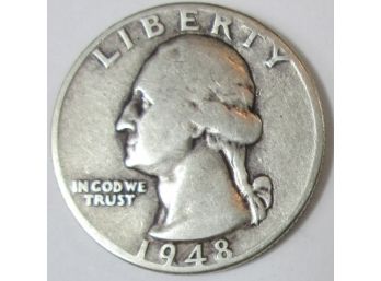 Authentic 1948P WASHINGTON SILVER QUARTER Dollar $.25, Philadelphia Mint, 90 Percent Silver, United States