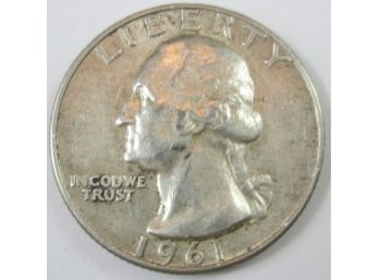 Authentic 1961D WASHINGTON QUARTER Dollar $.25, DENVER Mint, 90 Percent SILVER, United States
