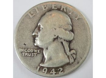Authentic 1942D WASHINGTON SILVER QUARTER Dollar $.25, DENVER Mint, 90 Percent Silver, United States