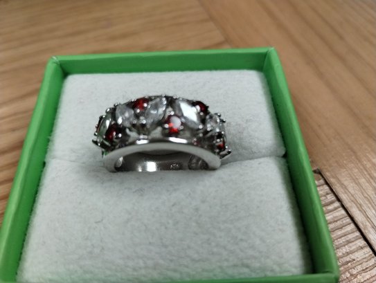 Sterling Silver With CZ And Garnet (?) Ring Size 6