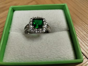 Sterling Silver Ring With Green And CZ Stones Size 6