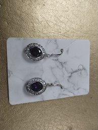 Sterling Silver CZ And Purple Stone Drop Pierced Earrings