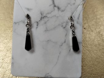 Sterling Silver And Onyx (?) Marcasite Pierced Earrings