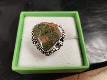 Unmarked Pink And Green Unakite Ring Size 9