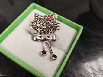 Sterling Silver Garnet And Marcasite Hello Kitty Brooch
