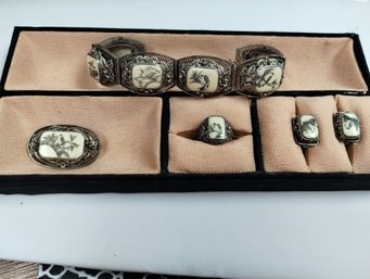 Vintage Chinese Export Sterling Silver Filigree Scrimshaw Bone Set