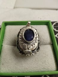 Sterling Silver Overlay Poison Ring With Blue Stone Size 7