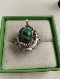 Sterling Silver Overlay On Malachite ? Poison Ring Size 10