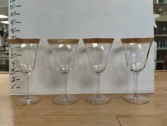 Set Of Four Gold Trimmed Crystal Wine Goblets