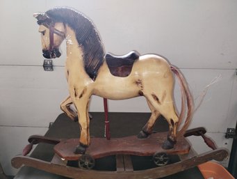 Antique Hand Painted Platform Rocking Horse On Wheels
