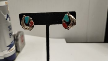 Vintage Native American Turquoise And Coral Clip On Earrings