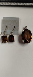 Beautiful Sterling Silver And Amber Pendant And Earrings
