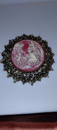 Vintage Landscape With A Woman One Child And One Angel Cameo Brooch