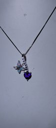 Sterling Silver W/opal Butterfly And Purple CZ Necklace