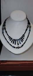 Boho Blue Shell Black Bead Double Strand Silver Beaded Necklace