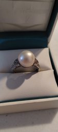 Sterling Silver And Marcasite W/faux Pearl Ring Size 9