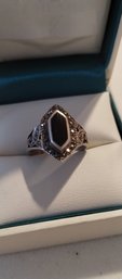 Sterling Silver Marcasite And Onyx (?) Ring Size 7