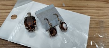 Sterling Silver And Amber (?) Pendant And Earrings
