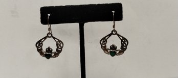 Sterling Silver Claddagh Earrings W/green Stones