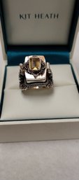 Sterling Silver Overlay Citrine (?) Poison Ring Size 7